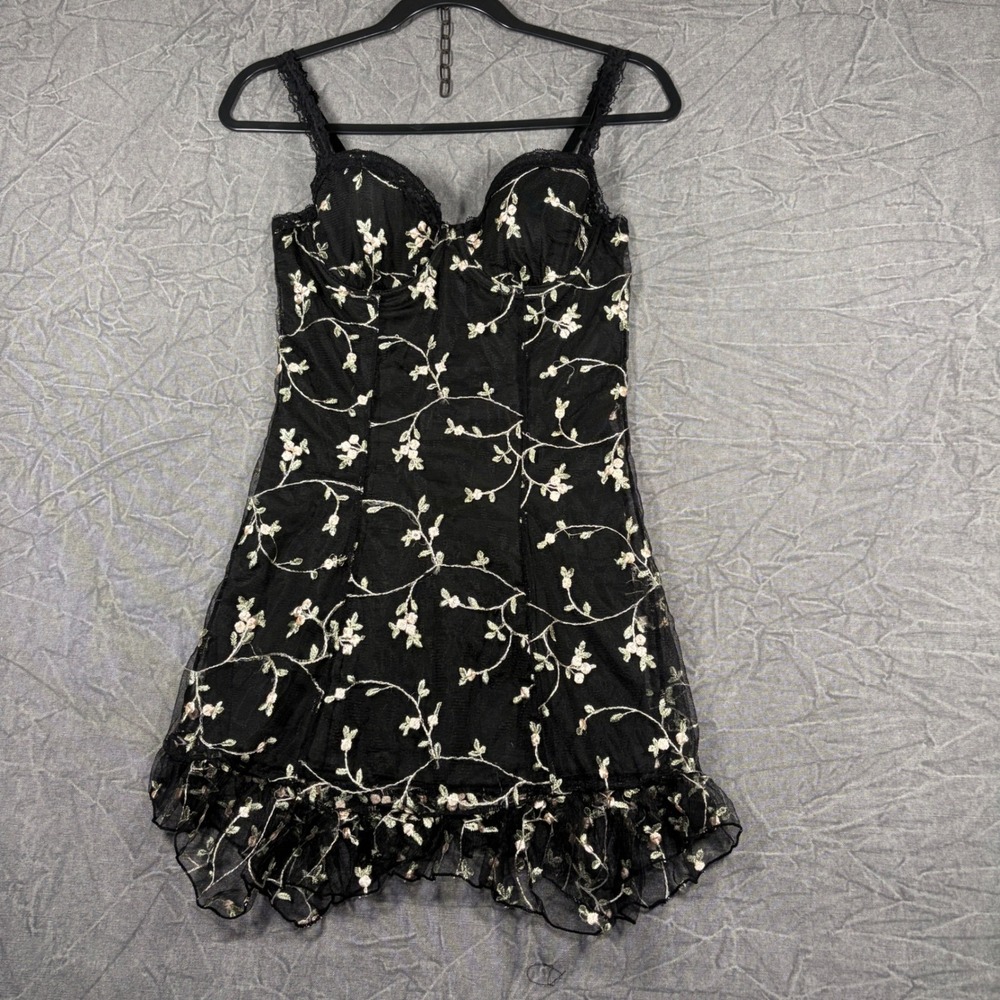 Widow Dress Women M Black Floral Embroidered Mesh Bustier Ruffle Mini Goth